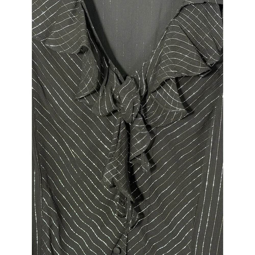 Bob Mackie Studio 3X Black Metallic Stripe Ruffle Tie Neck Sheer Blouse Top‎
